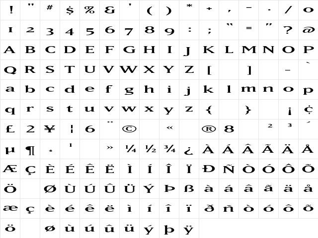 MatrixWide Regular  glyph index