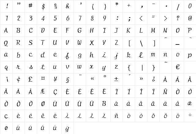Manguste Regular  glyph index
