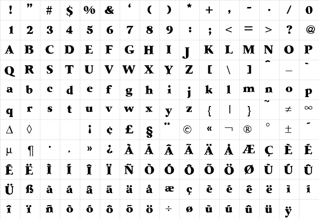 SenateExtrabold Regular  glyph index