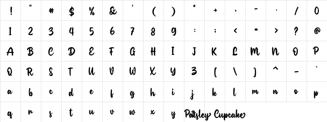 Paisley Cupcake Regular  glyph index