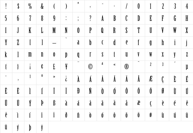 Birch Regular  glyph index