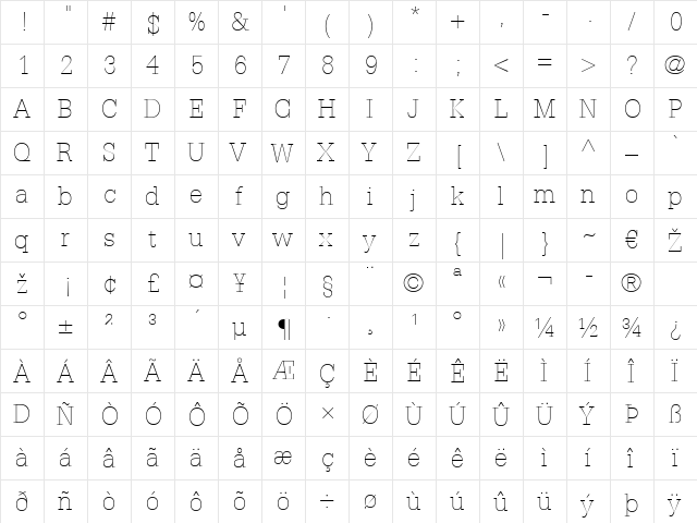 Glypha LT Thin Regular  glyph index