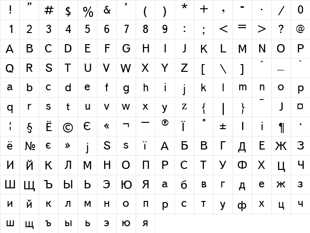 EuroInter Regular  glyph index