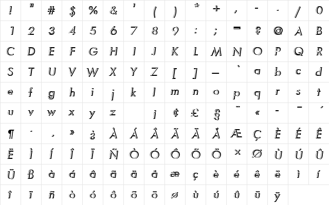 FuturaTBooOblRe1 Regular  glyph index