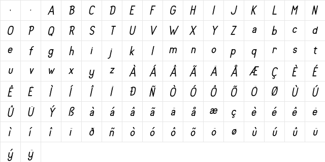 Rolhausen Slanted Regular  glyph index
