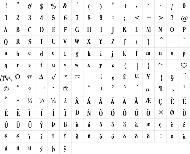 Thyssen J Regular  glyph index