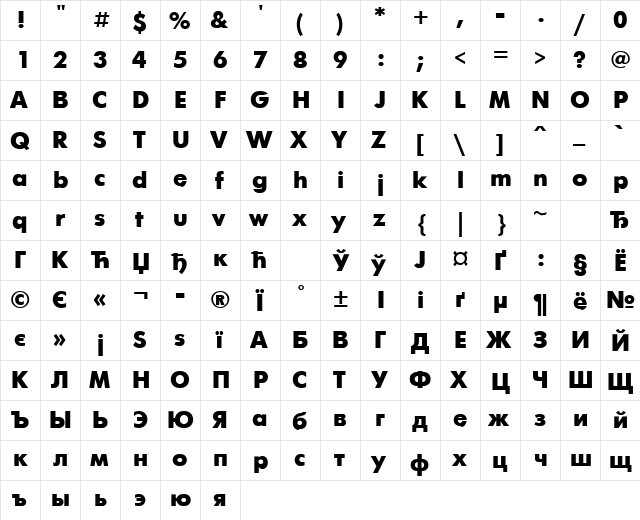 Futuris Black Bold  glyph index