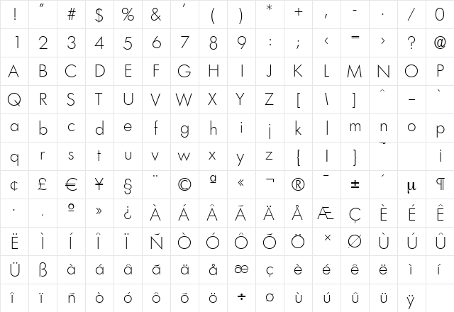 LimerickSerial-Xlight Regular  glyph index