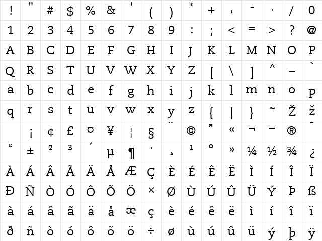 Caecilia LT Roman Regular  glyph index