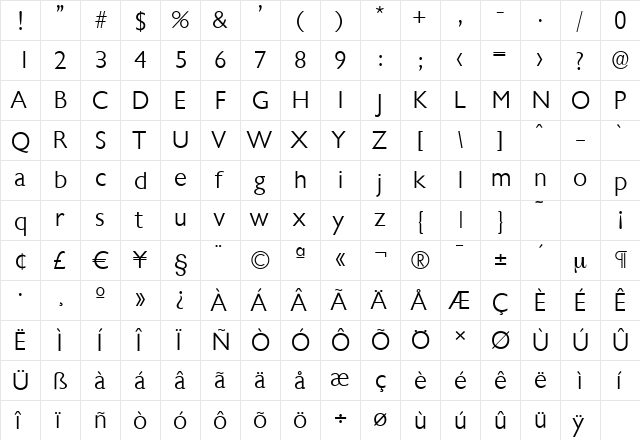 ChantillySerial-Light Regular  glyph index