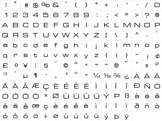 Eurostile#2-Extended Roman  glyph index