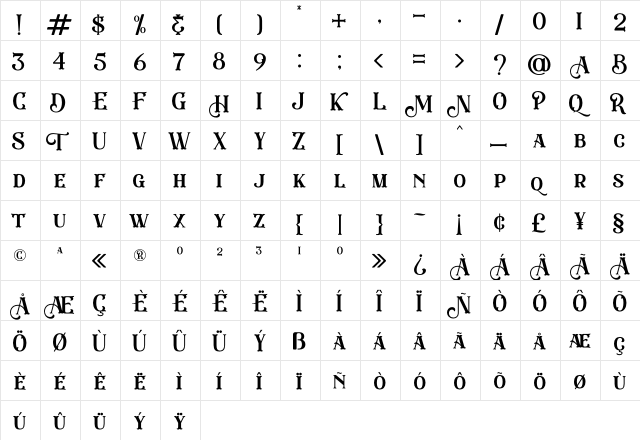 Eastwood Regular  glyph index