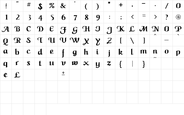 MaidenWord Regular  glyph index