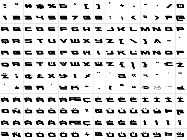 Predataur Leftalic Italic  glyph index