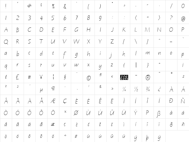 Notehand Regular  glyph index