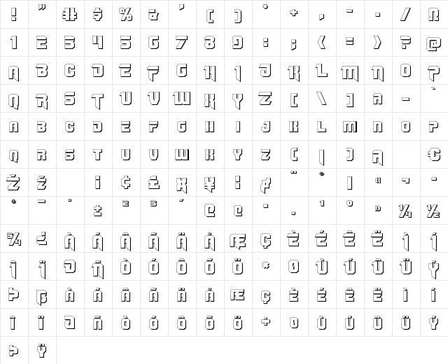 OmegaForce 3D Regular  glyph index