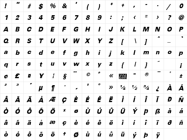 UniversalCondBlack Italic  glyph index