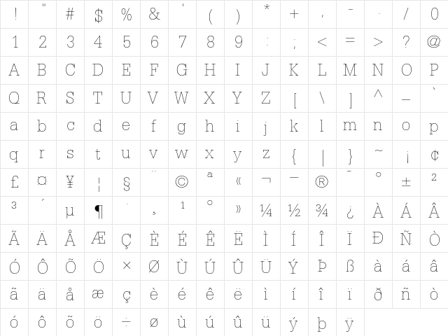 Glypha35-Thin Thin  glyph index