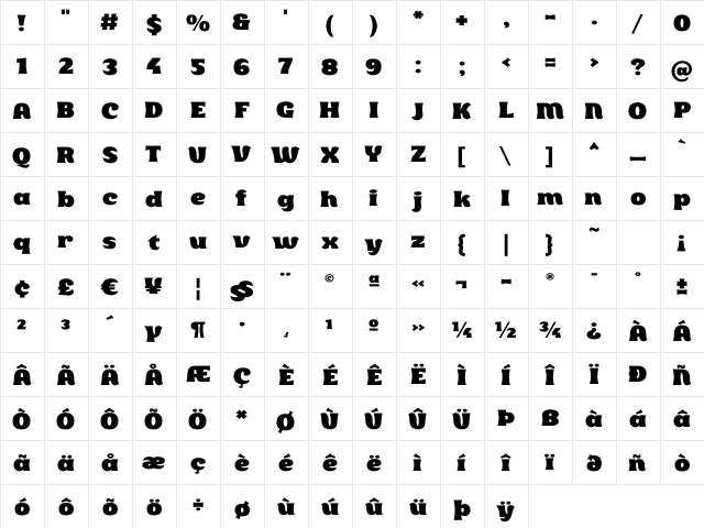 BolerWide Regular  glyph index