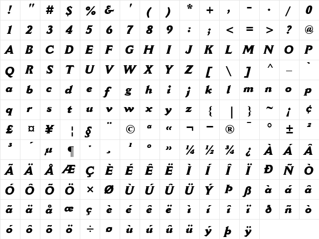 CantoriaMT-ExtraBold Extra BoldItalic  glyph index