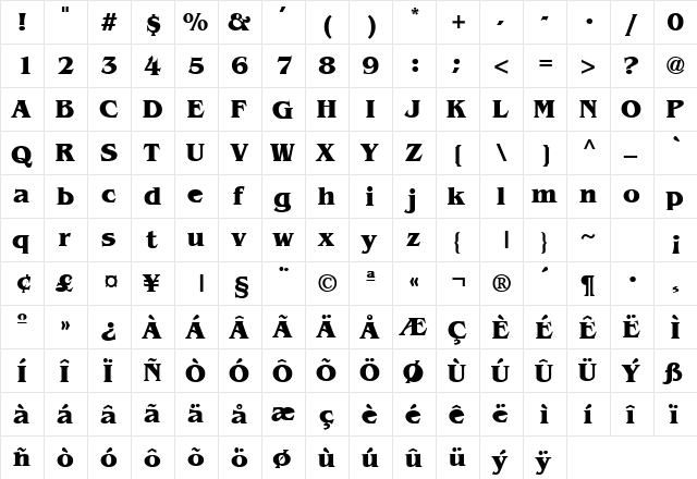 Benquad Bold  glyph index