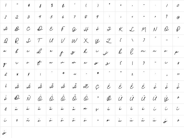 SophiaScript Regular  glyph index