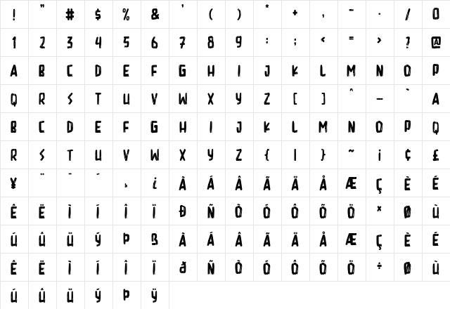 Hardcore Regular  glyph index