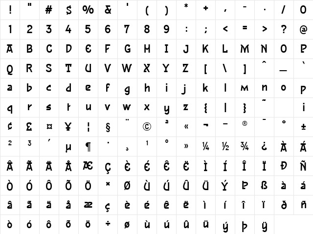 Akimbo Regular  glyph index
