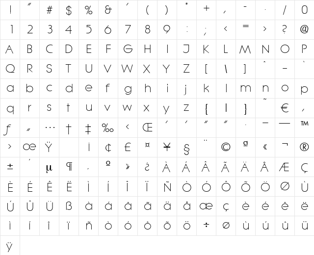 Litera-Light Regular  glyph index