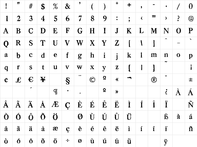 CasadAntique Bold  glyph index