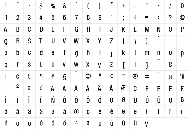 Olympia-MediumCond Regular  glyph index