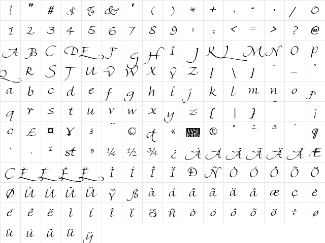 FlorentineSwashCaps Regular  glyph index