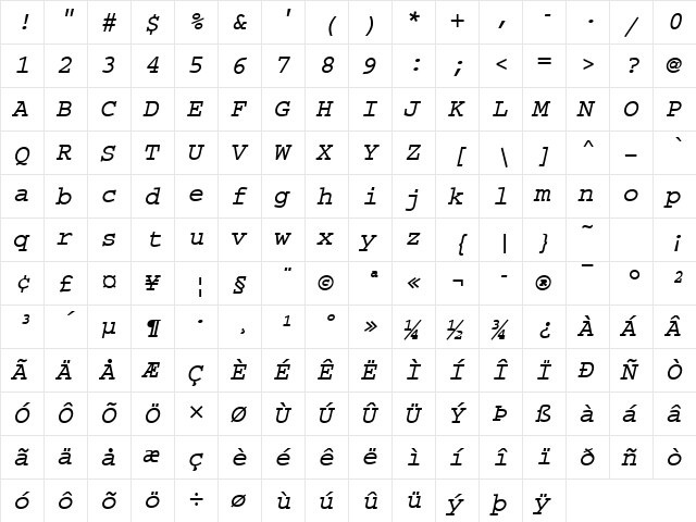 Courier Becker Bold Oblique  glyph index
