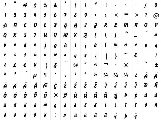 Brush738 BT Regular  glyph index