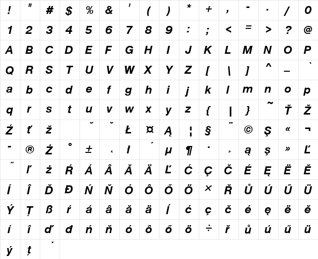 NimbusSanPEE Bold Italic  glyph index