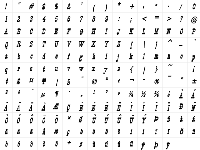 Circus Thin BoldItalic  glyph index