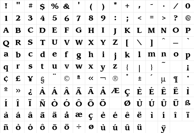 Leawood Bold  glyph index