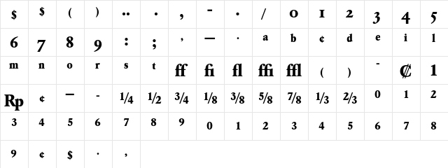 Garamond BE Bold Expert  glyph index
