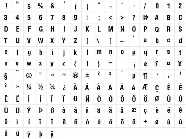 Helvetica-CondensedBold Regular  glyph index