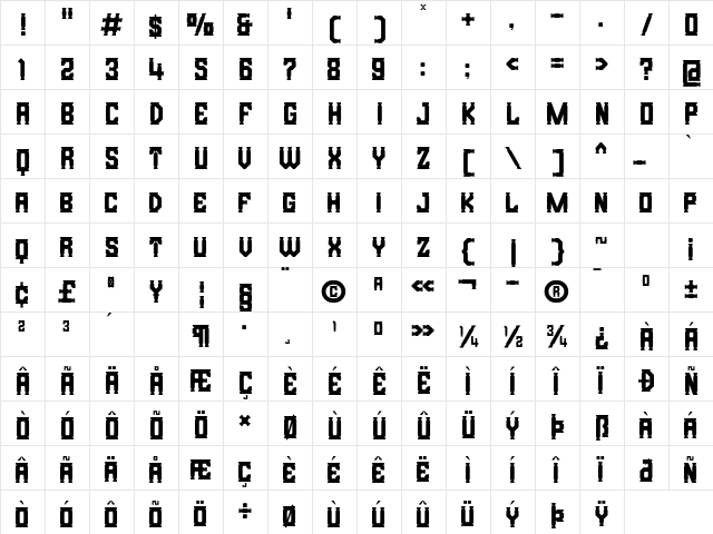 Bristle Creek Regular  glyph index