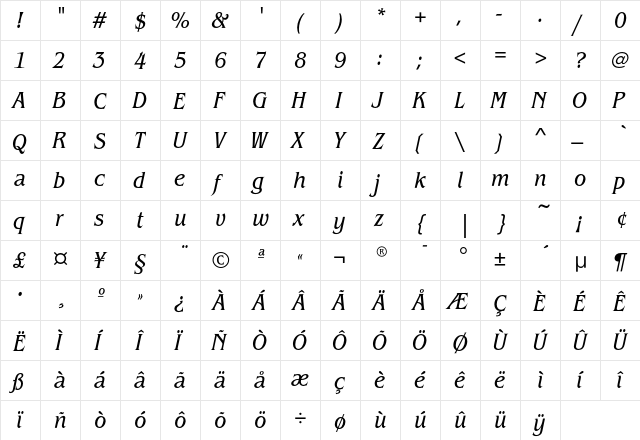 BenguiatEF-BookCondensedIta Regular  glyph index