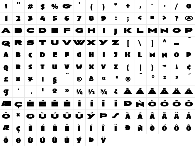 Anisette Black Regular  glyph index