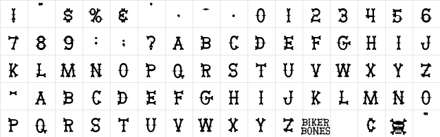 BikerBones Regular  glyph index