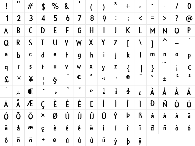 DTLNobelT Regular  glyph index