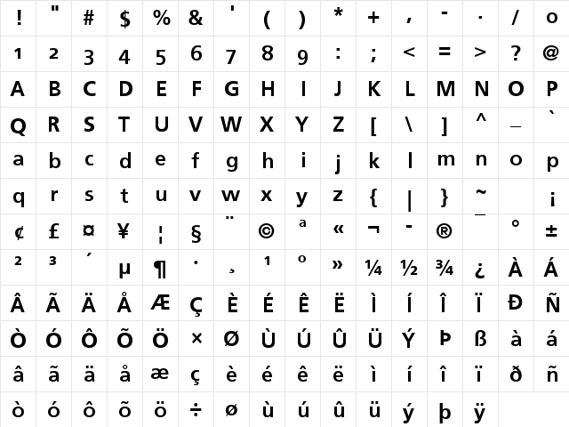 Frutiger Linotype Bold  glyph index