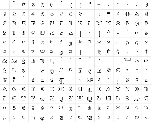 DublonBrusLightC Regular  glyph index