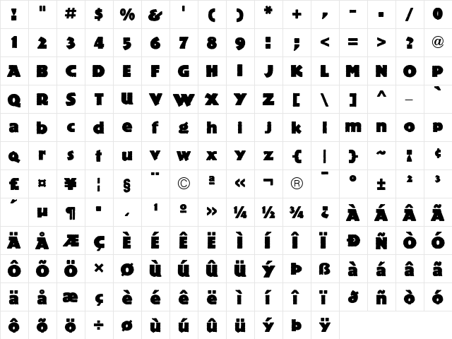 PublicityGothicICG Regular  glyph index