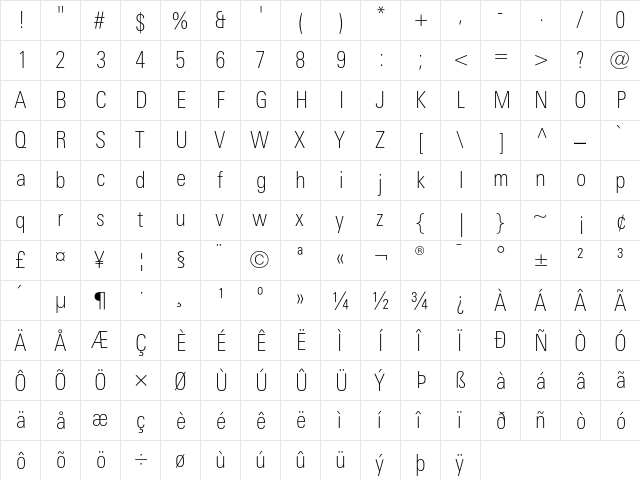 LinotypeUnivers CondThin  glyph index