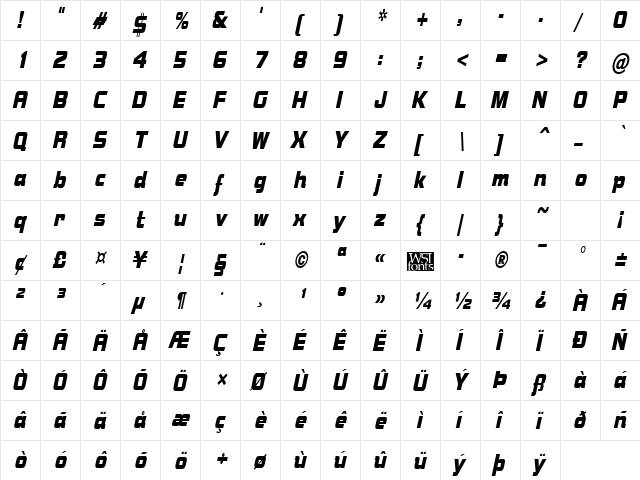 BolsterCondensed Italic  glyph index