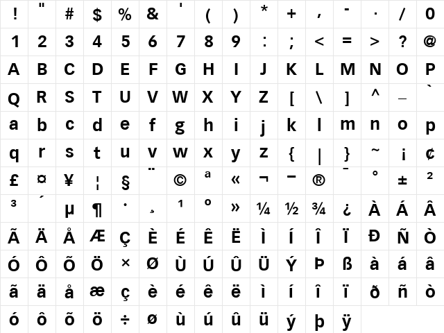 VectoraLH75 Bold  glyph index